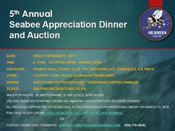 Seabees: Last Day to Purchase Tickets – 5th Annual Seabee Appreciation Dinner and Auction