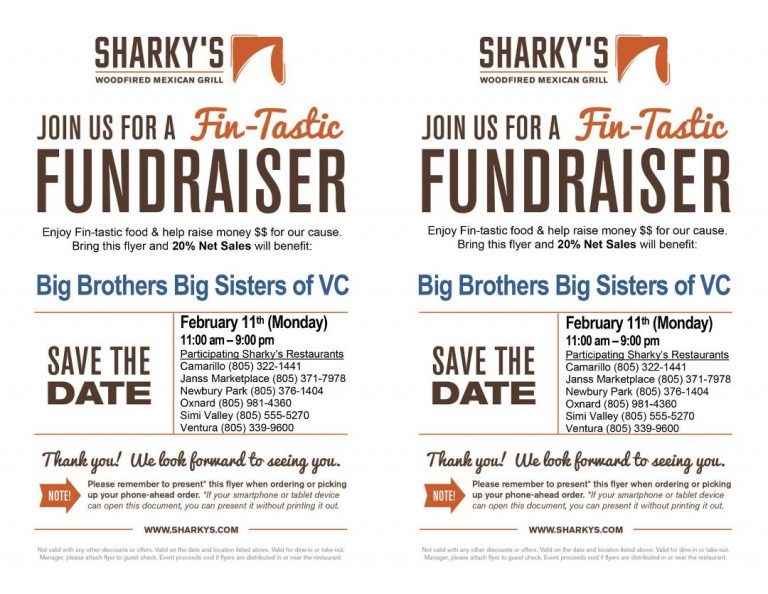 Help Support Big Brothers Big Sisters of Ventura County by Eating at Sharky’s Woodfired Mexican Grill