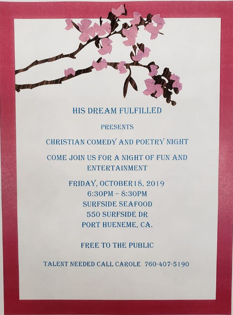 His Dream Fulfilled Christain Comedy and Poetry Night at Surfside Seafood in Port Hueneme on October 18, 2019