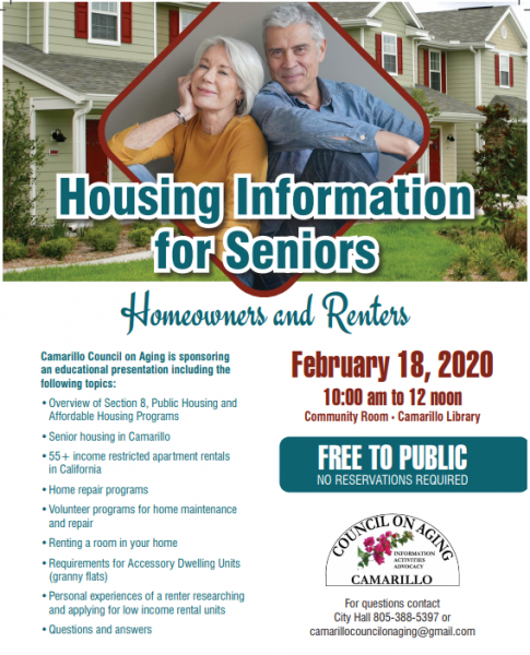 Housing Information for Seniors | Free Educational Presentation | Feb 18, 10am-12noon | Camarillo Public Library