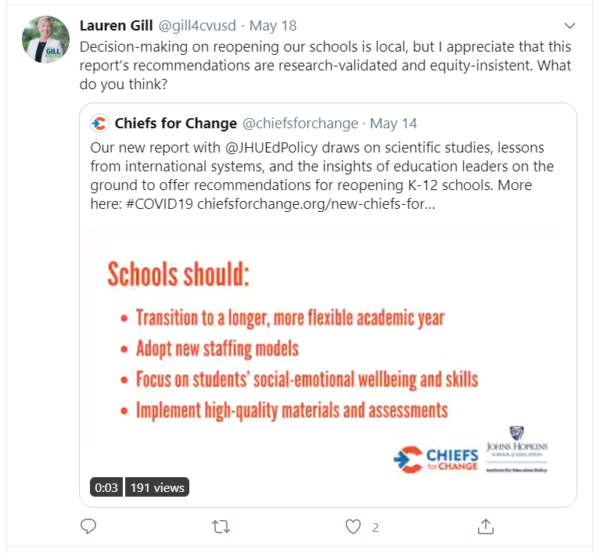 Gill's tweet that equity curriculum should be prerequisite for reopening the schools.
