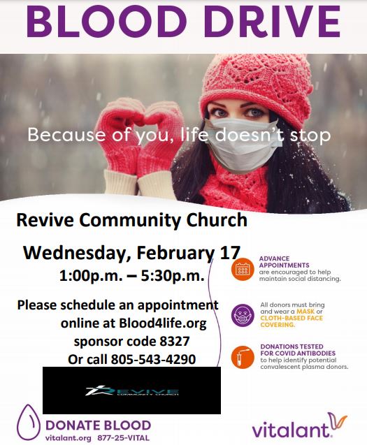 Revive Community Church to host Blood Drive on Wednesday February 17, 2021 1:00pm – 5:00pm