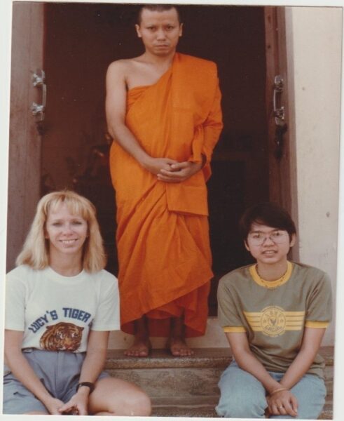 Interviews with farmers on pesticide use. Left: Anat training to become a monk with me and Cattleya. Ritual for all young Thai men. 1984